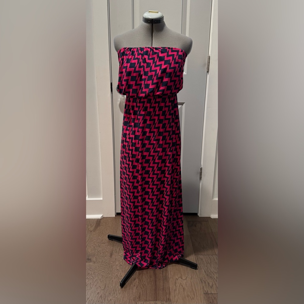 Pink and Navy Zigzag Strapless Maxi Dress